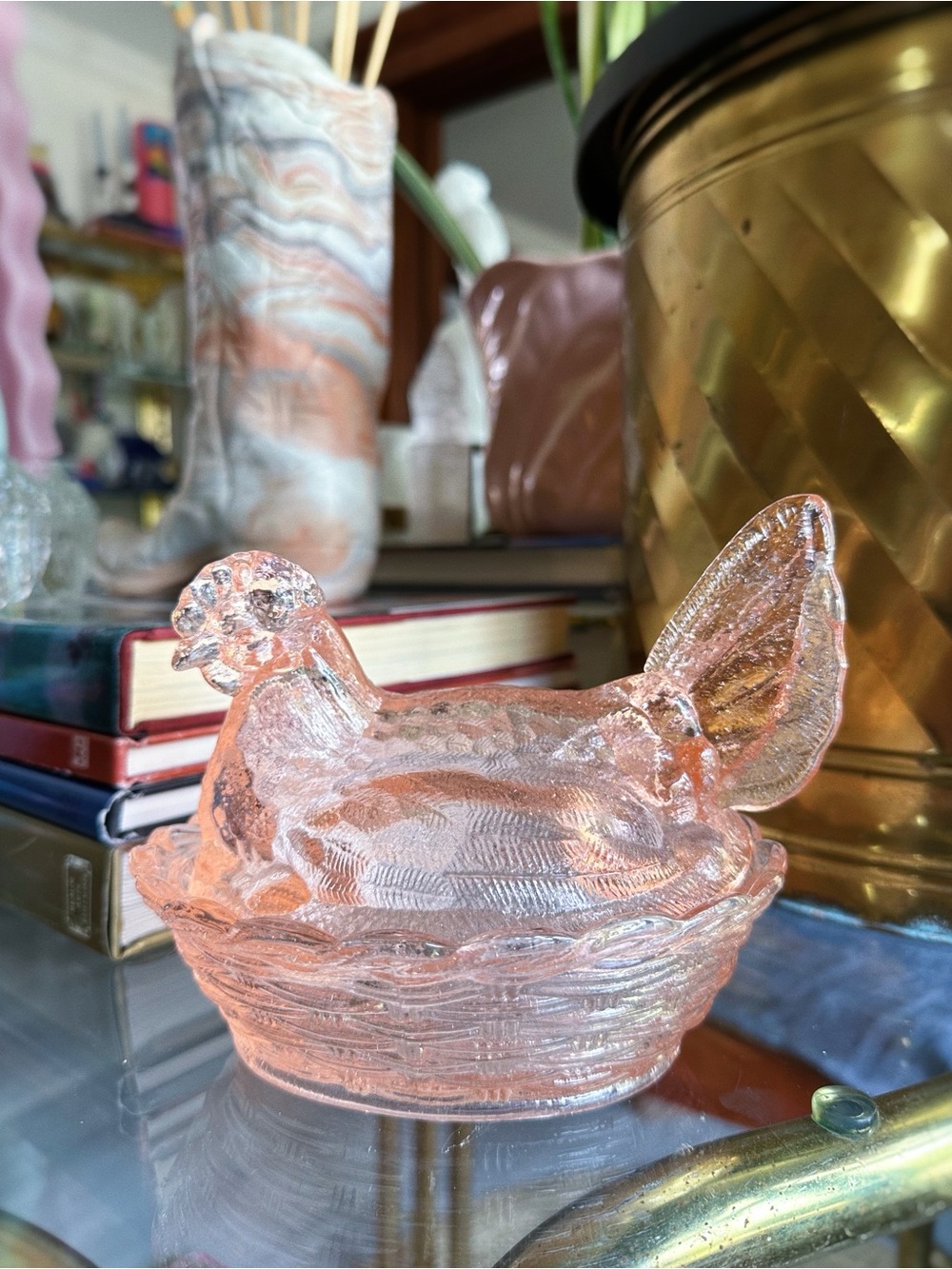 Vintage Depression Indiana Glass Hen on Nest Candy / Throw Dish Pink